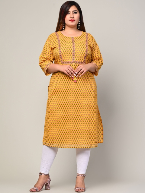 

Swasti Women Plus Size Yellow Floral Printed Cotton Kurta