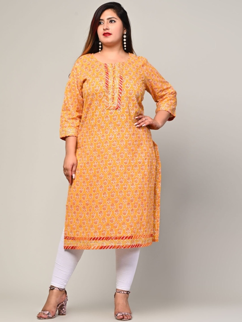 

Swasti Plus Size Women Yellow & Orange Ethnic Motifs Printed Gotta Patti Staight Kurta