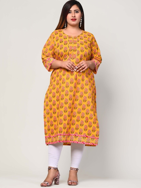 

Swasti Plus Size Women Yellow & Green Ethnic Motifs Printed Straight Cotton Kurta