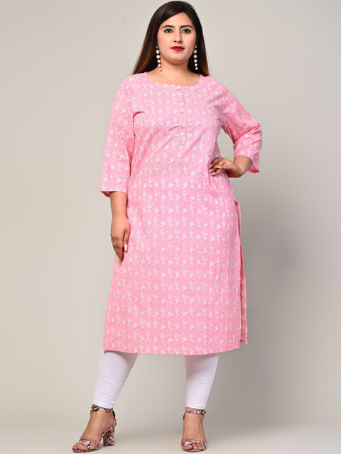 

Swasti Plus Size Women Pink & White Floral Gotta Patti Floral Straight Cotton Kurta