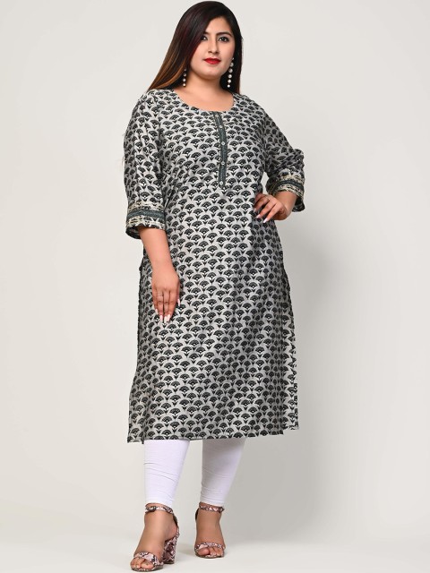 

Swasti Plus Size Women Green & White Geometric Printed Floral Straight Silk Kurta