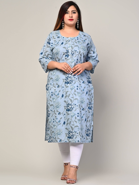 

Swasti Women Plus Size Blue Floral Printed Cotton Kurta