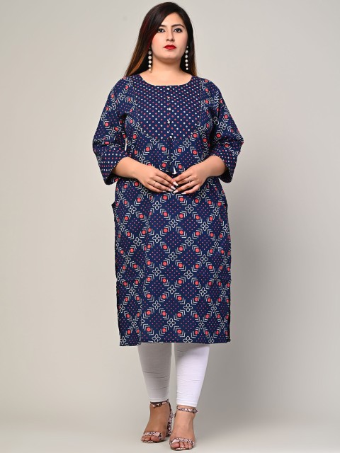 

Swasti Plus Size Women Blue & Red Geometric Floral Straight Cotton Kurta