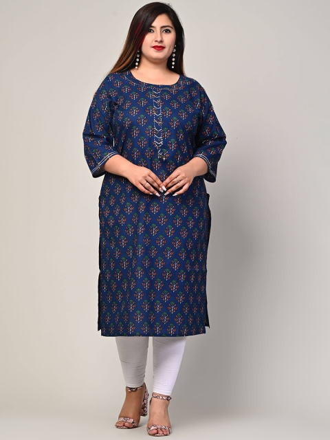 

Swasti Plus Size Women Blue & Green Ethnic Motifs Printed Straight Cotton Kurta