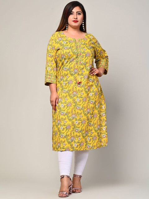 

Swasti Women Plus Size Yellow Floral Printed Cotton Kurta