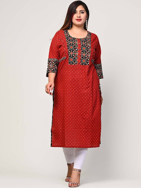 

Swasti Plus Size Women Maroon Ethnic Motifs Yoke Design Floral Straight Kurta