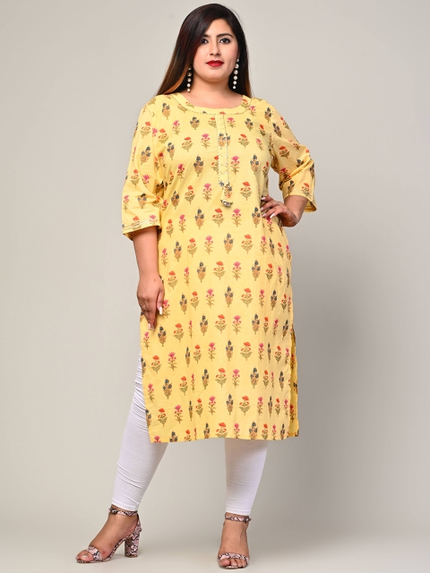 

Swasti Plus Size Women Yellow & Multicoloured Floral Printed Gotta Patti Straight Kurta