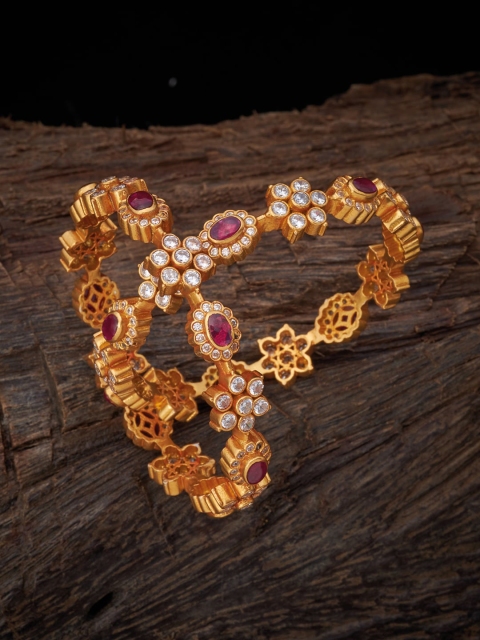 

Kushal's Fashion Jewellery Set of 2 Gold-Plated White & Red Stone Studded Bangle