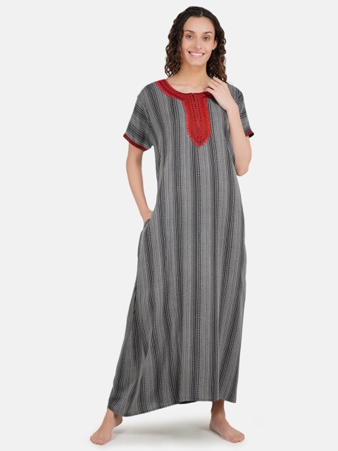 

KOI SLEEPWEAR Women Grey & Red Embroidered Striped Maxi Nightdress