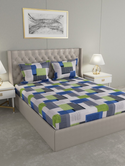 

Raymond Home White & Blue Geometric 104 TC Cotton Queen Bedsheet with 2 Pillow Covers