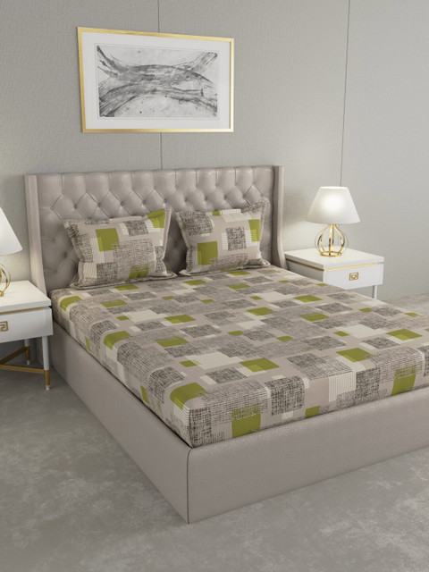 

Raymond Home Taupe & Lime Green 104 TC Cotton Queen Bedsheet with 2 Pillow Covers