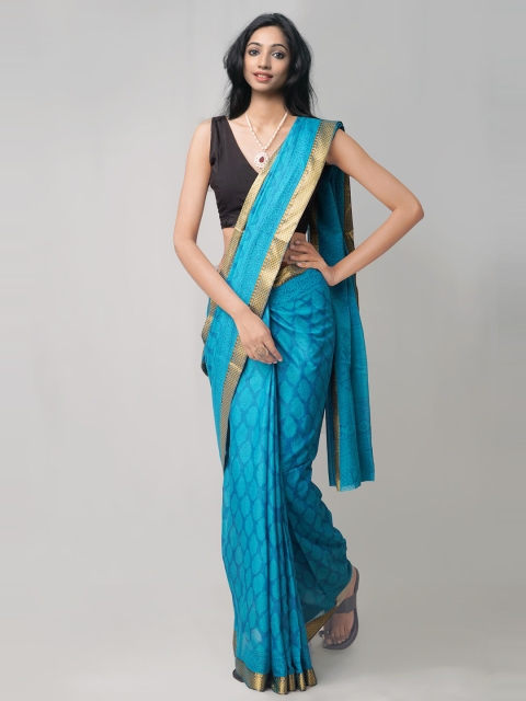 

Unnati Silks Blue & Gold-Toned Bagh Pure Cotton Venkatgiri Saree