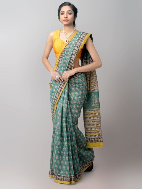 

Unnati Silks Green & Yellow Ethnic Motifs Silk Cotton Chanderi Saree