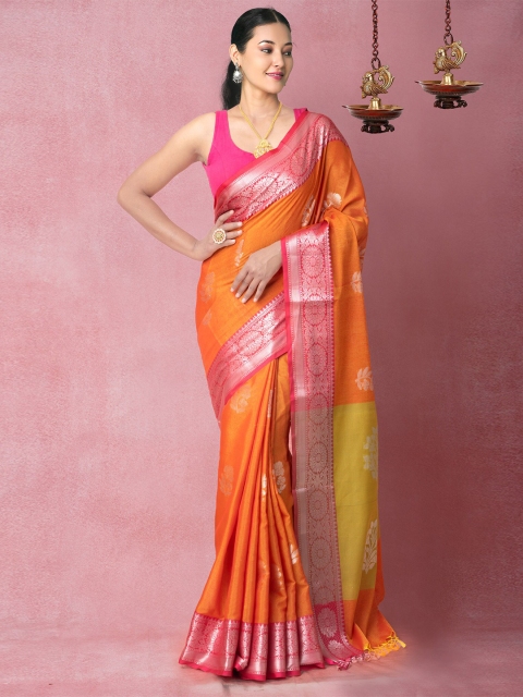 

Unnati Silks Orange & Green Floral Woven Design Zari Silk Cotton Chanderi Saree