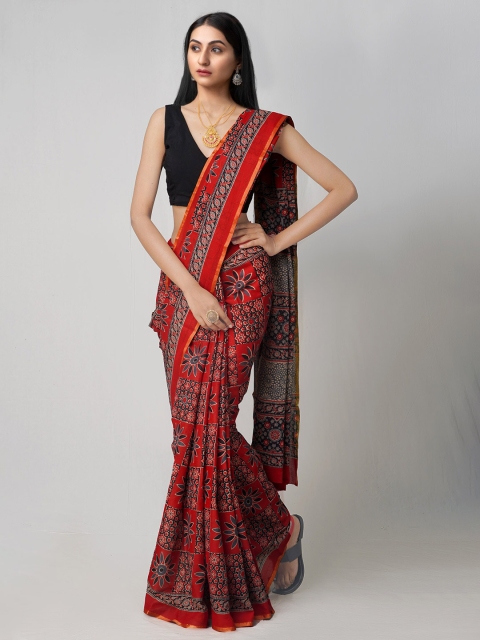 

Unnati Silks Red & Black Pure Cotton Block Print Saree