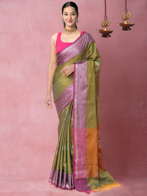 

Unnati Silks Green & Pink Ethnic Motifs Zari Silk Cotton Chanderi Saree