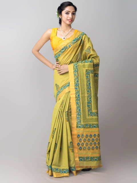 

Unnati Silks Green & Blue Ethnic Motifs Zari Pure Cotton Mangalagiri Saree