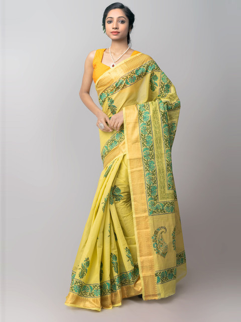 

Unnati Silks Yellow & Green Printed Pure Cotton Handloom Sustainable Mangalagiri Saree