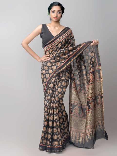 

Unnati Silks Black & Beige Zari Block Printed Mulmul Cotton Saree