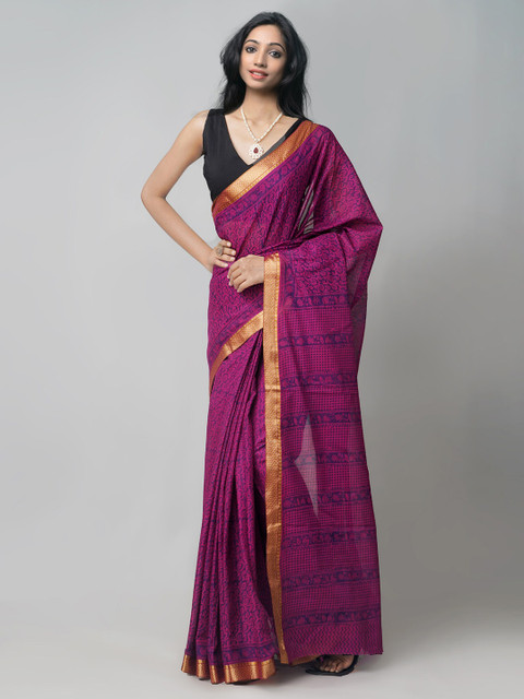 

Unnati Silks Purple & Blue Bagh Zari Pure Cotton Venkatgiri Saree