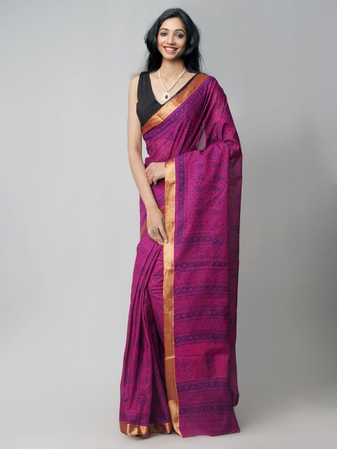 

Unnati Silks Magenta & Blue Paisley Handloom Sustainable Pure Cotton Venkatgiri Saree