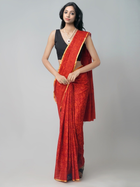 

Unnati Silks Red & Gold-Toned Bagh Pure Cotton Venkatgiri Saree