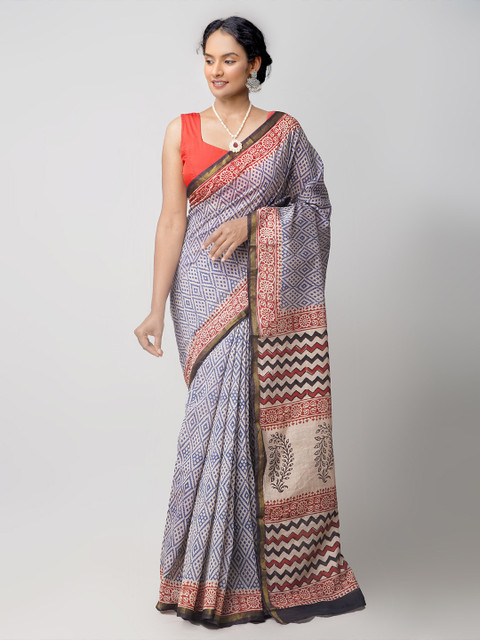 

Unnati Silks Blue & Cream-Coloured Ethnic Motifs Silk Cotton Chanderi Saree