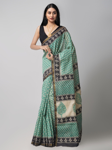 

Unnati Silks Green & Off-White Motifs Handloom Sustainable Silk Cotton Chanderi Saree