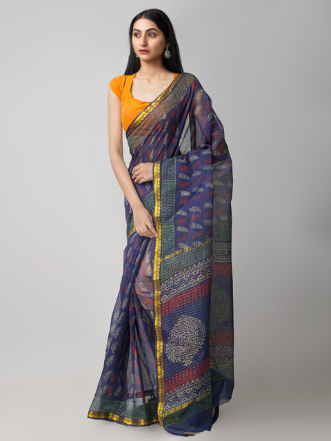 

Unnati Silks Blue & Red Ethnic Motifs Zari Pure Cotton Kota Saree
