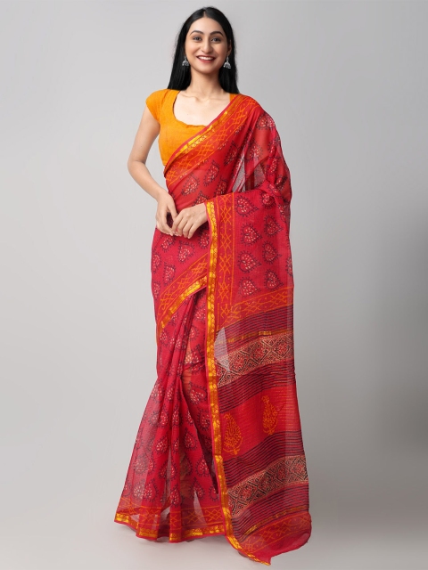 

Unnati Silks Red & Gold-Toned Ethnic Motifs Printed Zari Pure Cotton Kota Saree