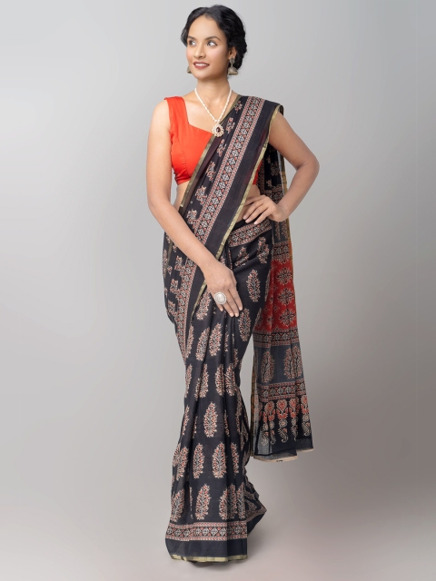 

Unnati Silks Black & Red Zari Pure Cotton Block Print Saree