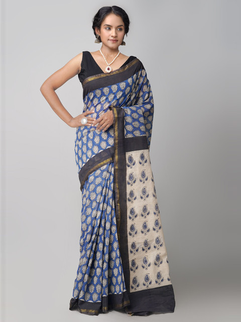 

Unnati Silks Navy Blue & Beige Ethnic Motifs Silk Cotton Chanderi Saree