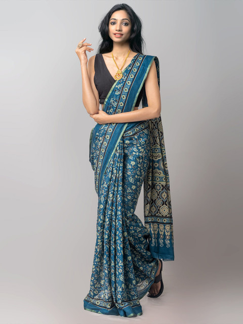 

Unnati Silks Blue & Green Zari Pure Cotton Block Print Saree