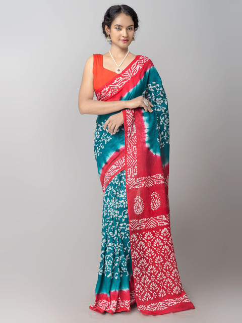 

Unnati Silks Blue & Red Batik Pure Cotton Kota Saree