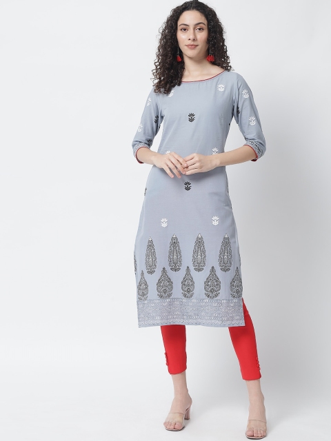 

Tulsattva Women Grey & Black Ethnic Motifs Block Print Straight Kurta