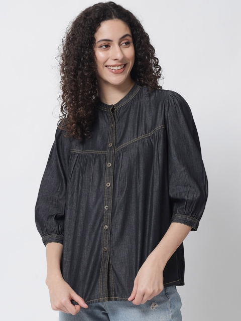 

Tulsattva Women Black Denim Cotton Top