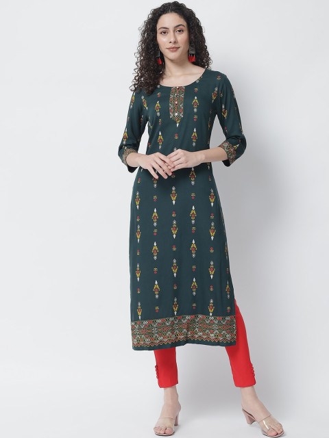 

Tulsattva Women Green & Red Ethnic Motifs Printed Block Print Straight Kurta