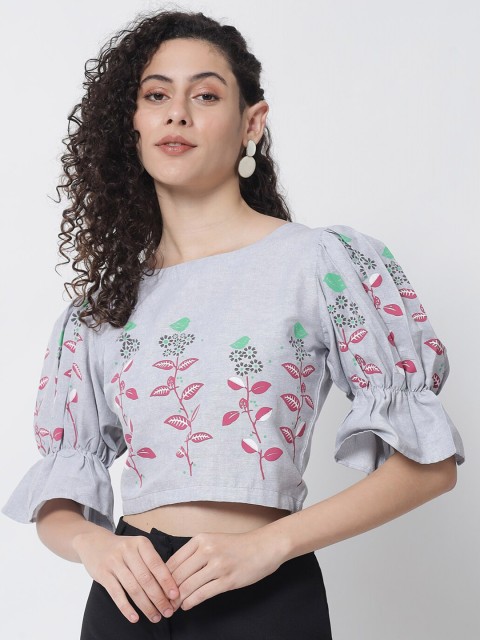 

Tulsattva Grey Floral Print Chambray Crop Top