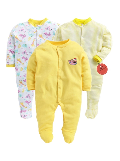 

EIO Infant Kids Pack Of 3 Cotton Sleepsuits, Yellow