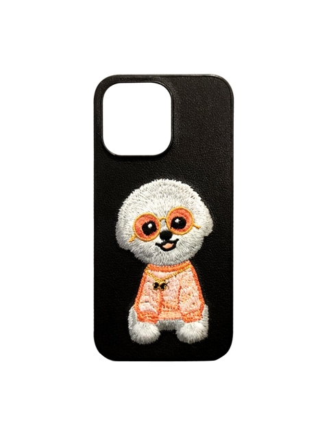 

TREEMODA Black & Orange Small Dog Leather Apple iPhone 12 Back Case