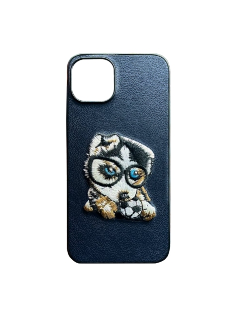 

TREEMODA Black Embroidered Cute Dog iPhone 12 Leather Back Case