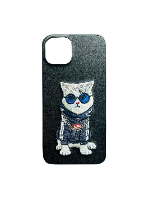 

TREEMODA Black & Blue Cat Embroidered iPhone 11 Leather Back Case