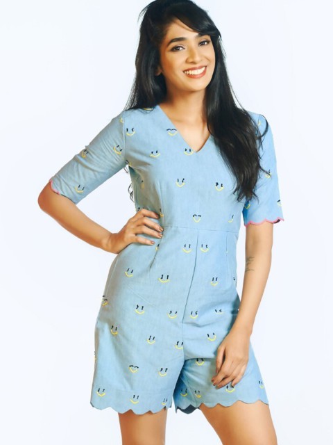 

Threeness Blue & Yellow Printed Cotton Jumpsuit