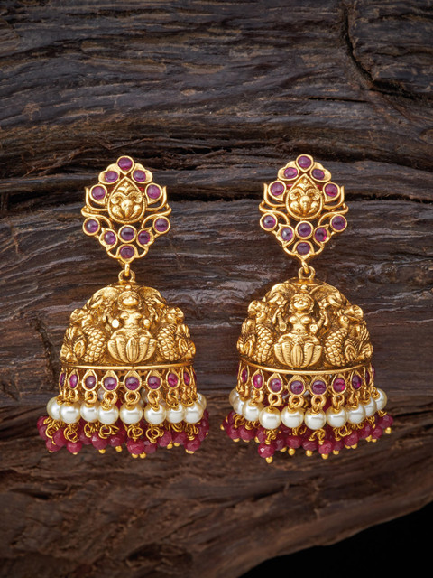 

Kushal's Fashion Jewellery Gold-Toned & Red Dome Shaped Jhumkas Earrings