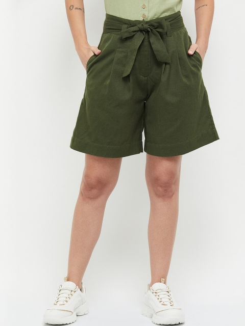 

max Women Olive Green Pleated Shorts