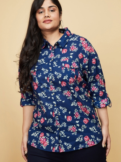 

max Women Navy Blue & Pink Floral Printed Casual Shirt