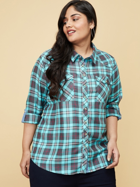 

max Women Blue Tartan Checked Cotton Casual Shirt