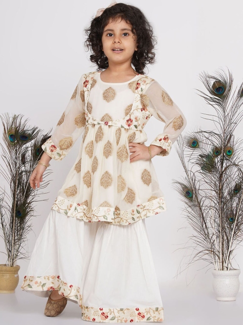 

Little Bansi Girls Cream-Coloured Floral Kurta with Sharara & Dupatta