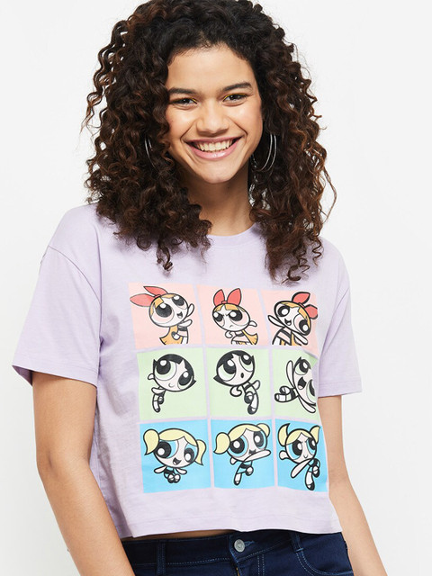

max Women Purple & Green Powerpuff Girls Printed Pure Cotton T-shirt