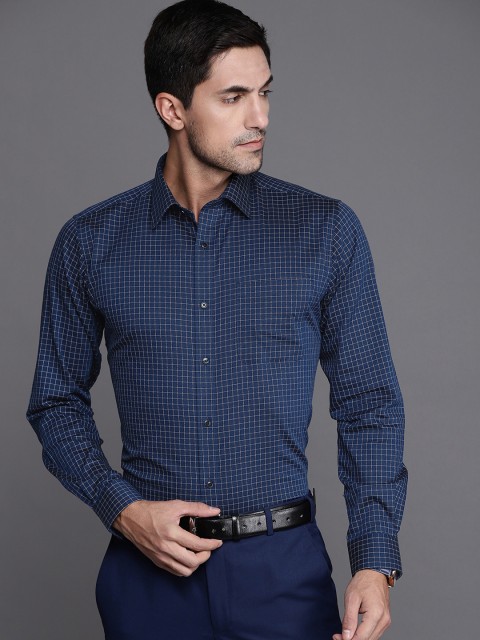 

Raymond Men Navy Blue Slim Fit Grid Tattersall Checks Checked Formal Shirt